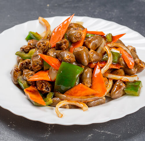 83 Куриные сердечки с овощами